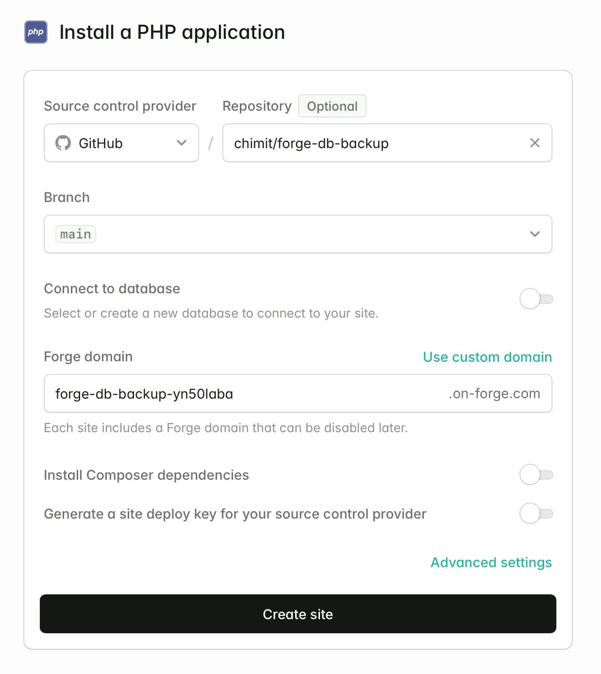 Laravel Forge - create PHP application
